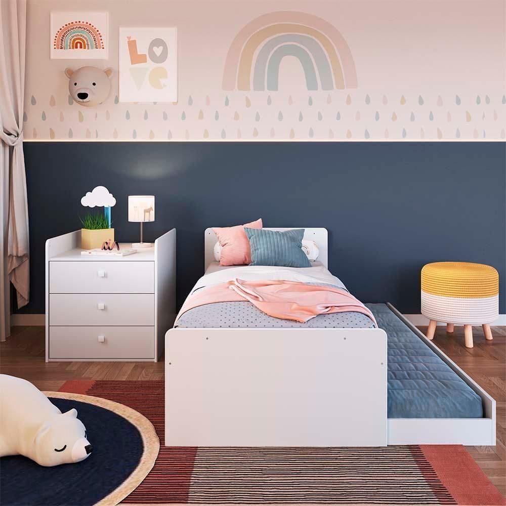 Cama Com Cômoda E Cama Auxiliar Com 3 Colchões Branco Aubree Jm Móveis