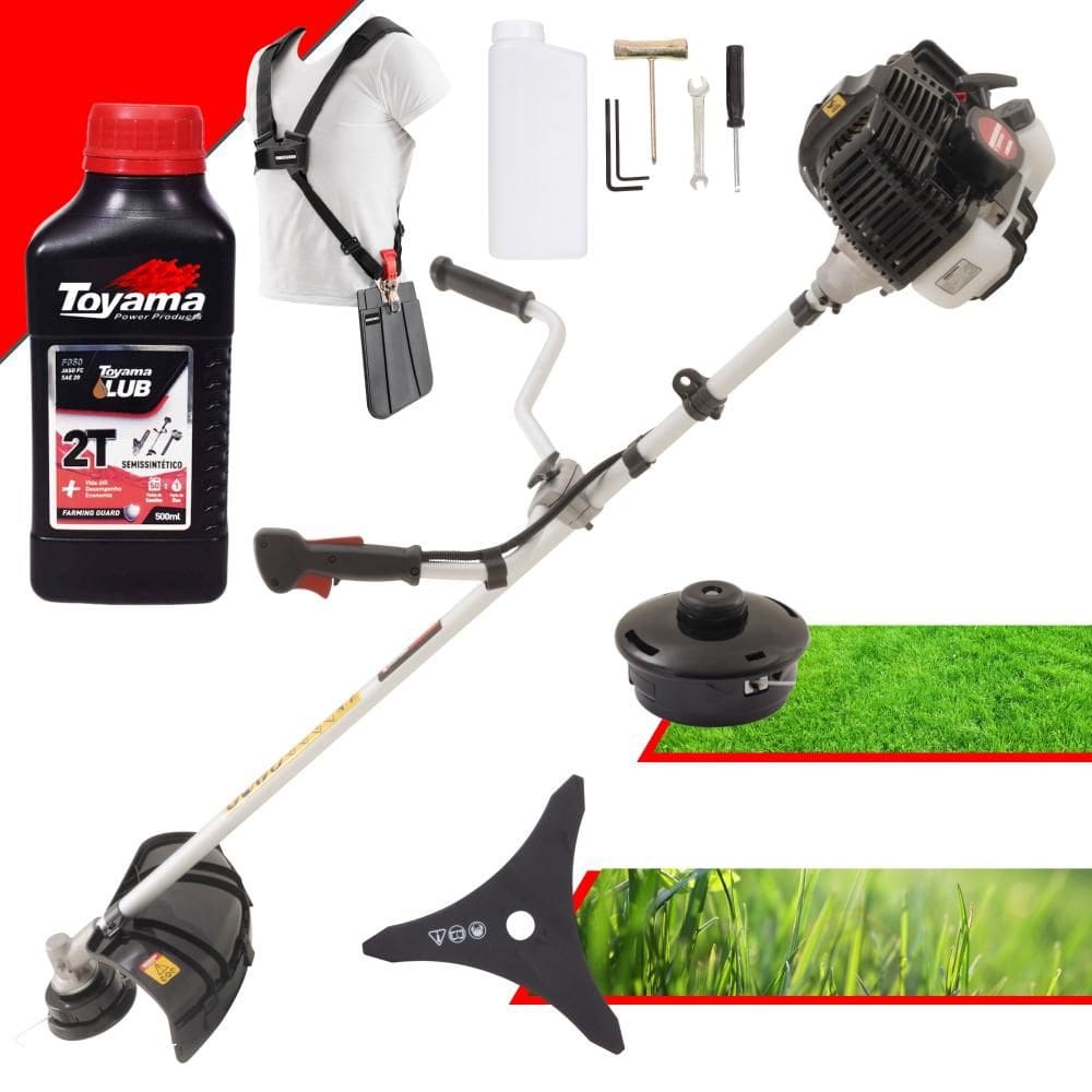 Máquina de Cortar Grama Profissional À Gasolina Kawashima KW43LE 43cc 1,7HP Roçadeira Com Faca 3 Pontas e Carretel + Óleo Toyama 2T