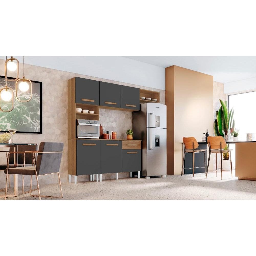 Cozinha Compacta + Balcão com Tampo Aurora Avena/ Grafito - Aramóveis