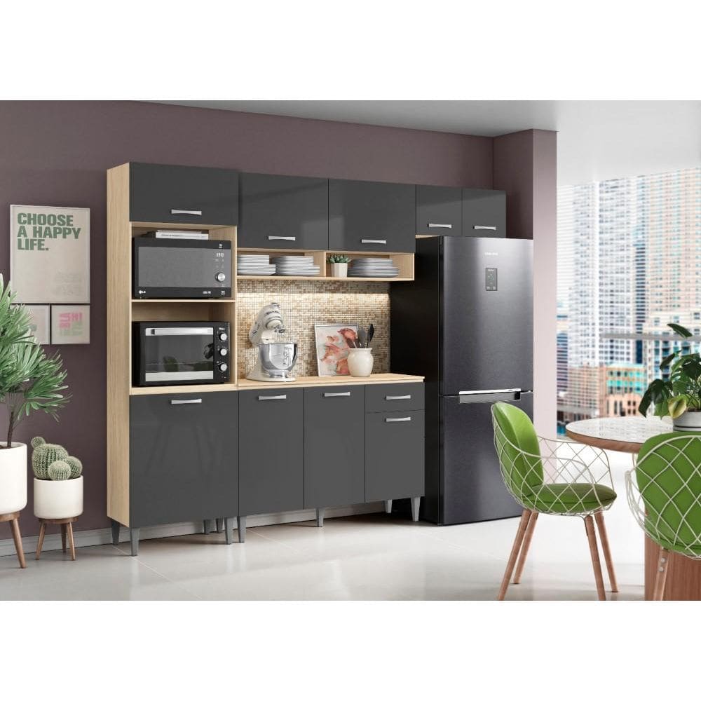 Cozinha Compacta + Balcão com Tampo Atenas Avena/ Grafito - Aramóveis