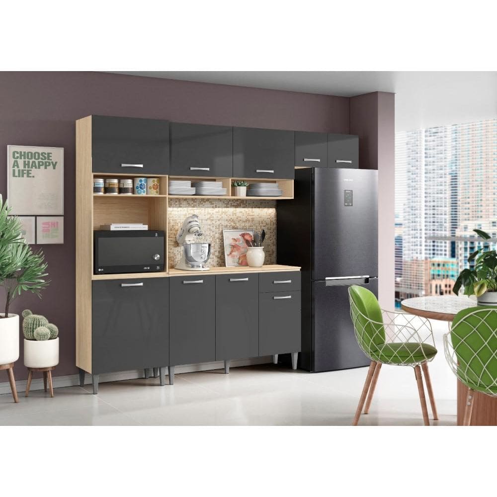 Cozinha Compacta + Balcão com Tampo Aurora Avena/ Grafito - Aramóveis