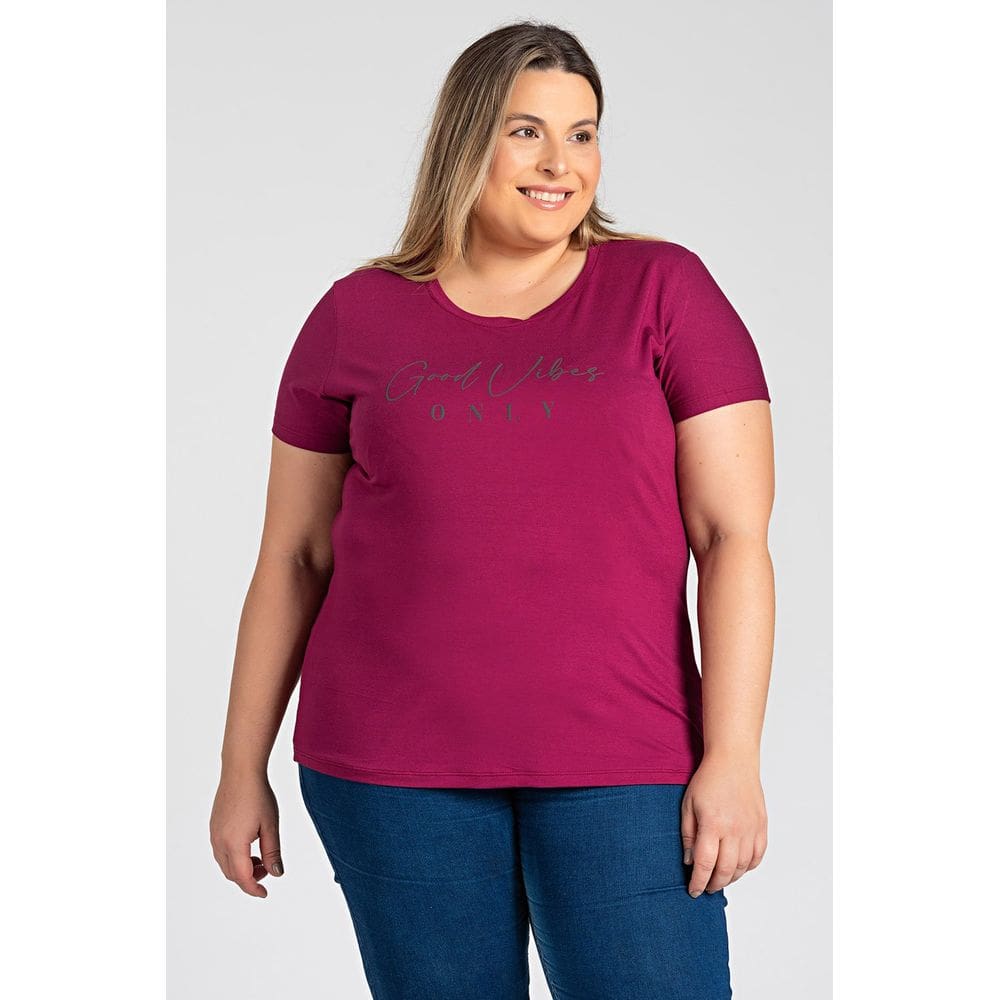 Blusa Feminina Plus Size Malha Viscose c/ Estampa \"Good Vibes\" - Serena