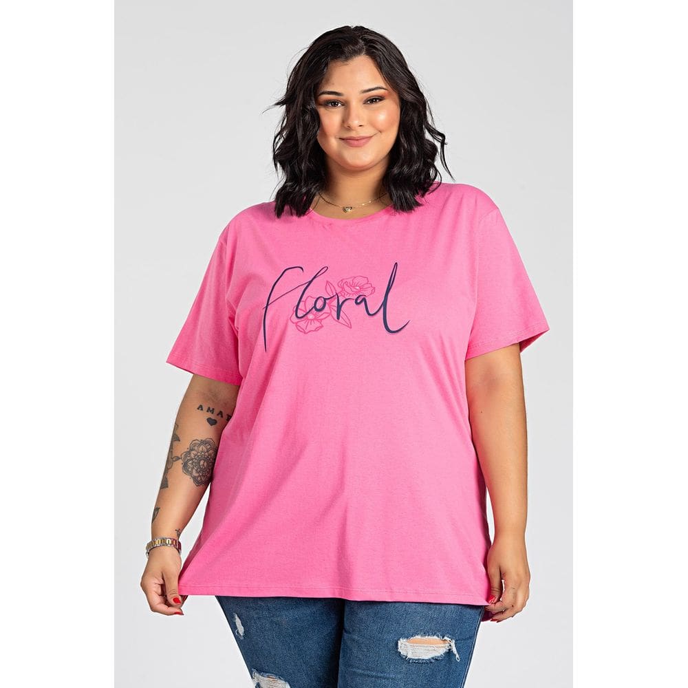 T-shirt Feminina Plus Size Malha algodão Estampada \"Floral\" - Serena