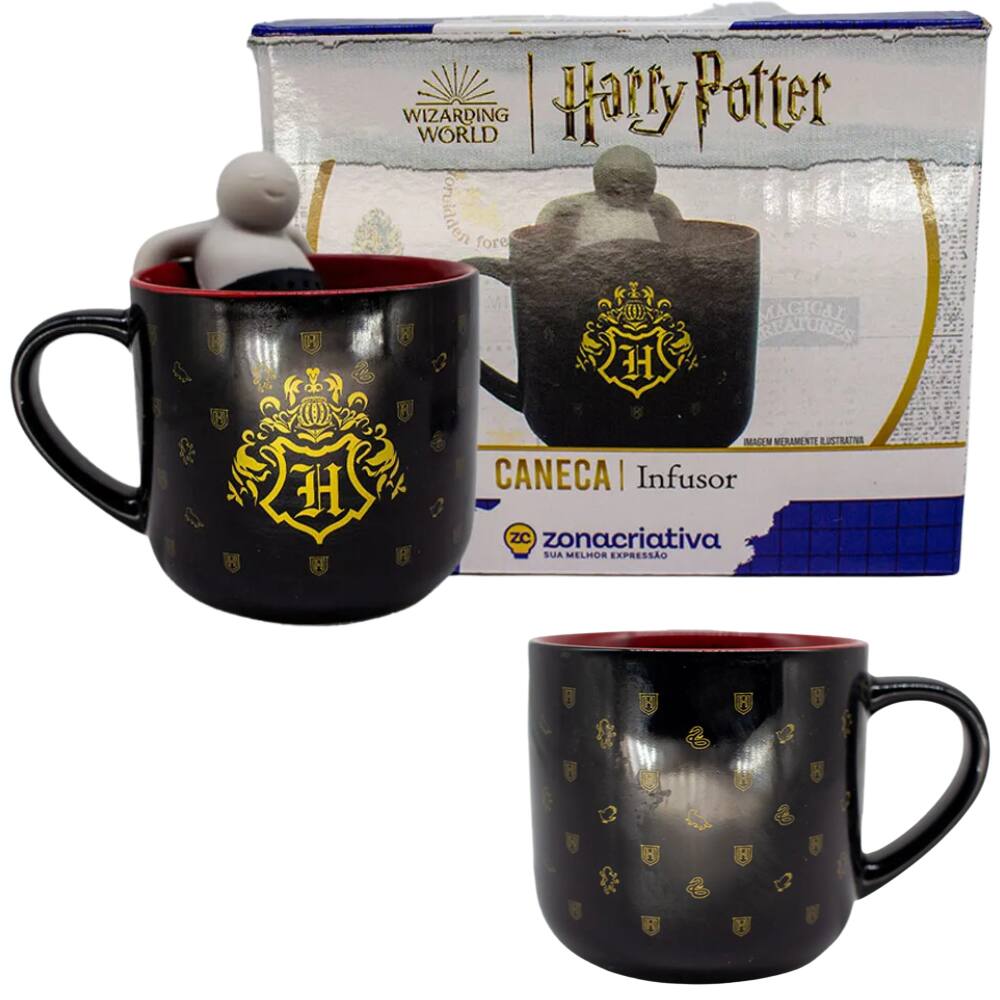 Caneca Hogwarts Com Boneco Infusor Chá Cerâmica Oficial Harry Potter