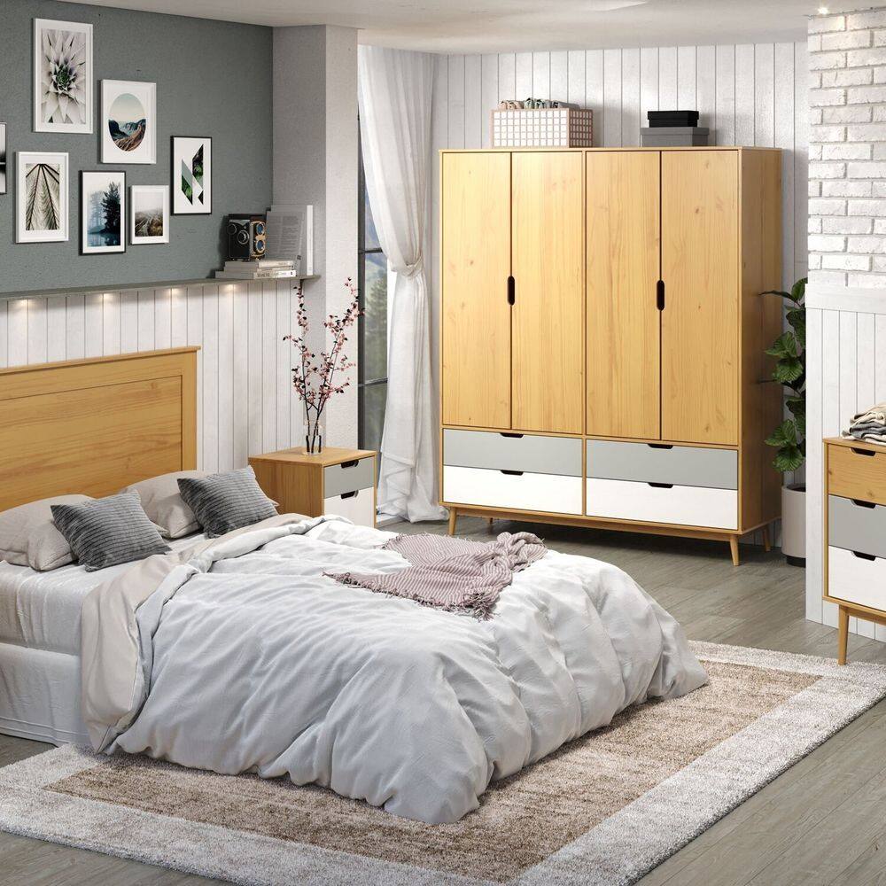 Guarda-roupa 4 Portas 4 Gavetas Nórdica Yescasa Roble/Cinza/Branco