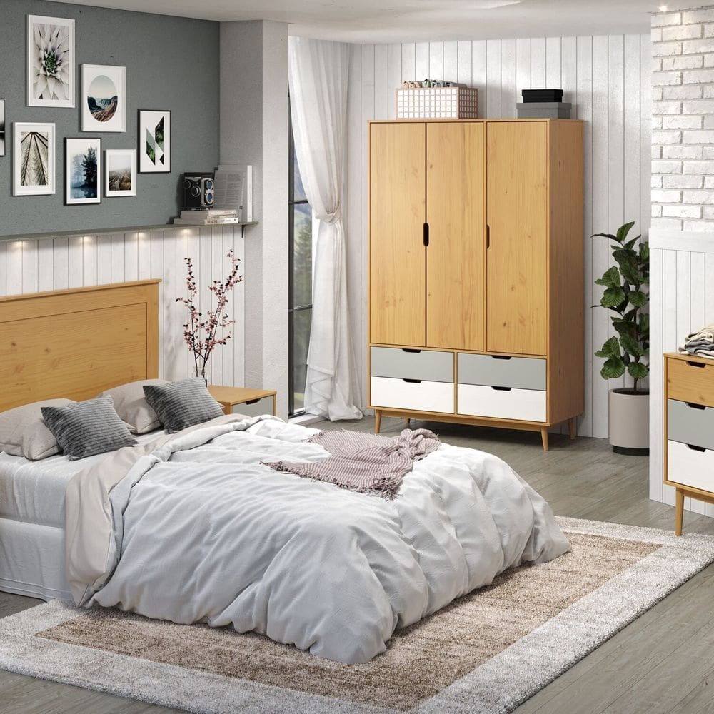 Guarda-roupa 3 Portas 4 Gavetas Nórdica Yescasa Roble/Cinza/Branco