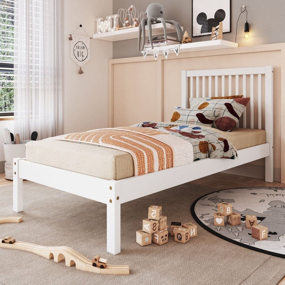 Cama de Solteiro Lucy de Madeira Maciça com Lastro Branco