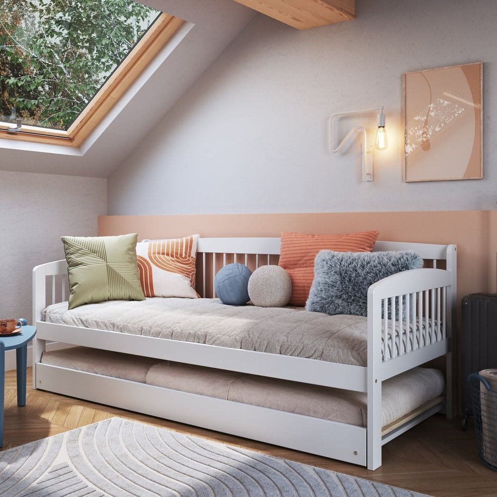 Sofá Cama e Cama Auxiliar Andover de Madeira Maciça com Lastro Branco