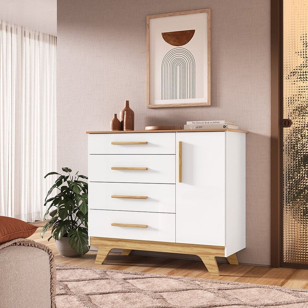 Cômoda 1 Porta e 4 Gavetas 100% Mdf Kakau Retrô Espresso Móveis Branco / Amêndoa