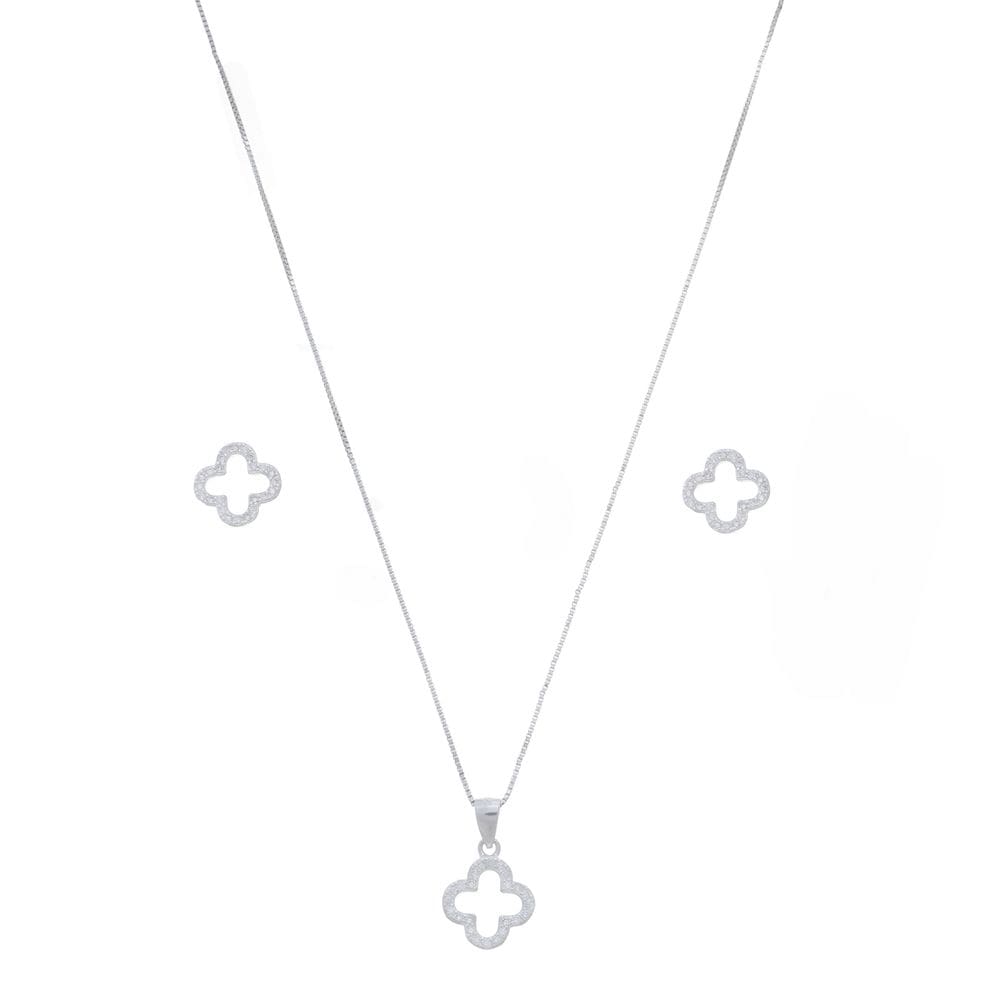 Conjunto Corrente Pingente Brinco Prata 925 Trevo Cravejado