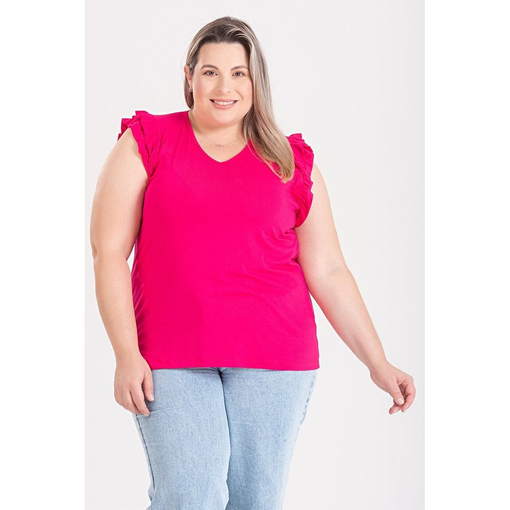 Blusa Feminina Plus Size Malha Viscose C/ Elastano Decote V Babados Ombro - Serena