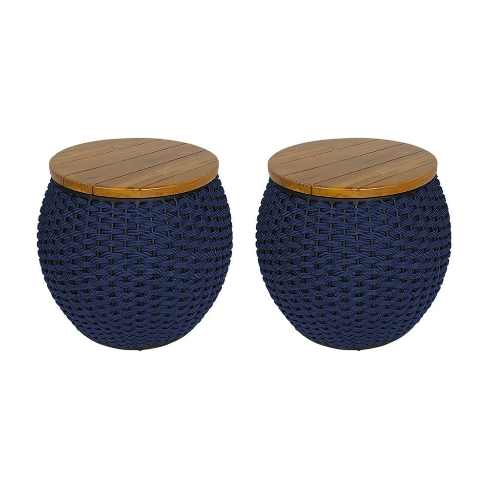 Kit 2 Puffs Barril Alumínio Tampo Madeira Corda Náutica Azul Marinho