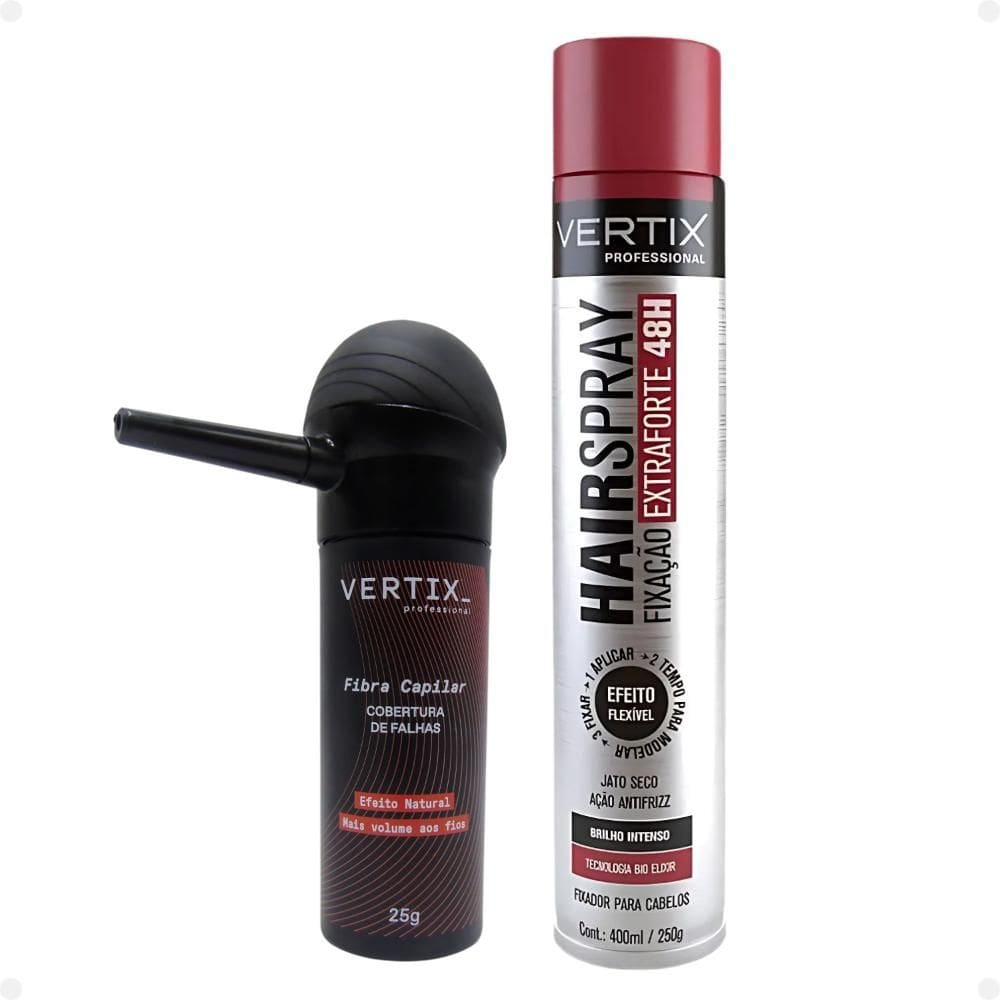 Kit Vertix: Fibra Capilar Castanho Escuro, Aplicador e Spray Extraforte