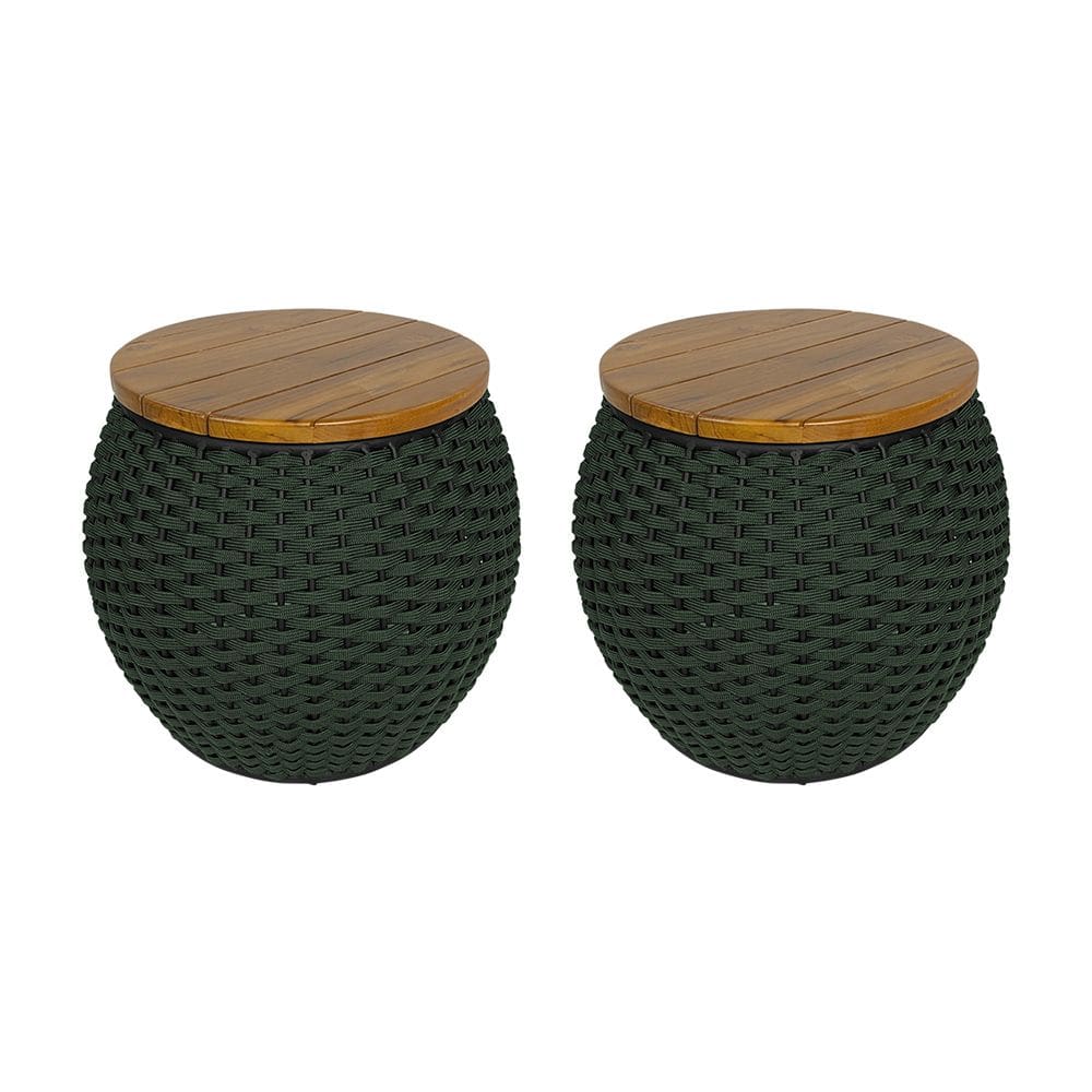 Kit 2 Puffs Barril Alumínio Tampo Madeira Corda Náutica Verde Militar