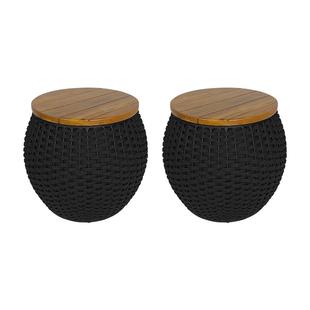 Kit 2 Puffs Barril Alumínio Tampo Madeira Corda Náutica Preto