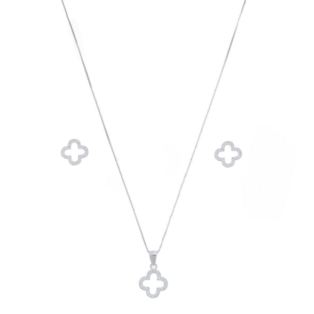 Colar Feminino De 40cm Prata 925 Conjunto Brinco Trevo Cravejado