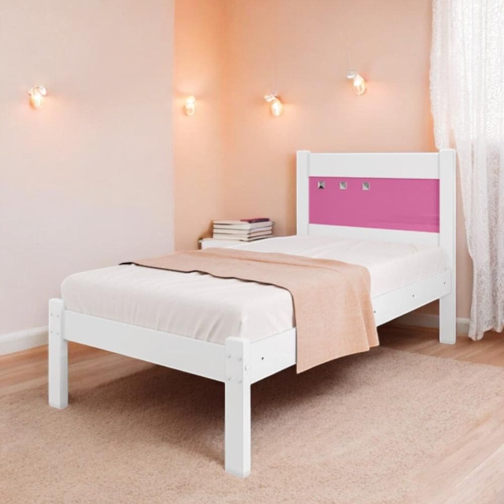 Cama Solteiro Sofisticada Berli Branca e Rosa