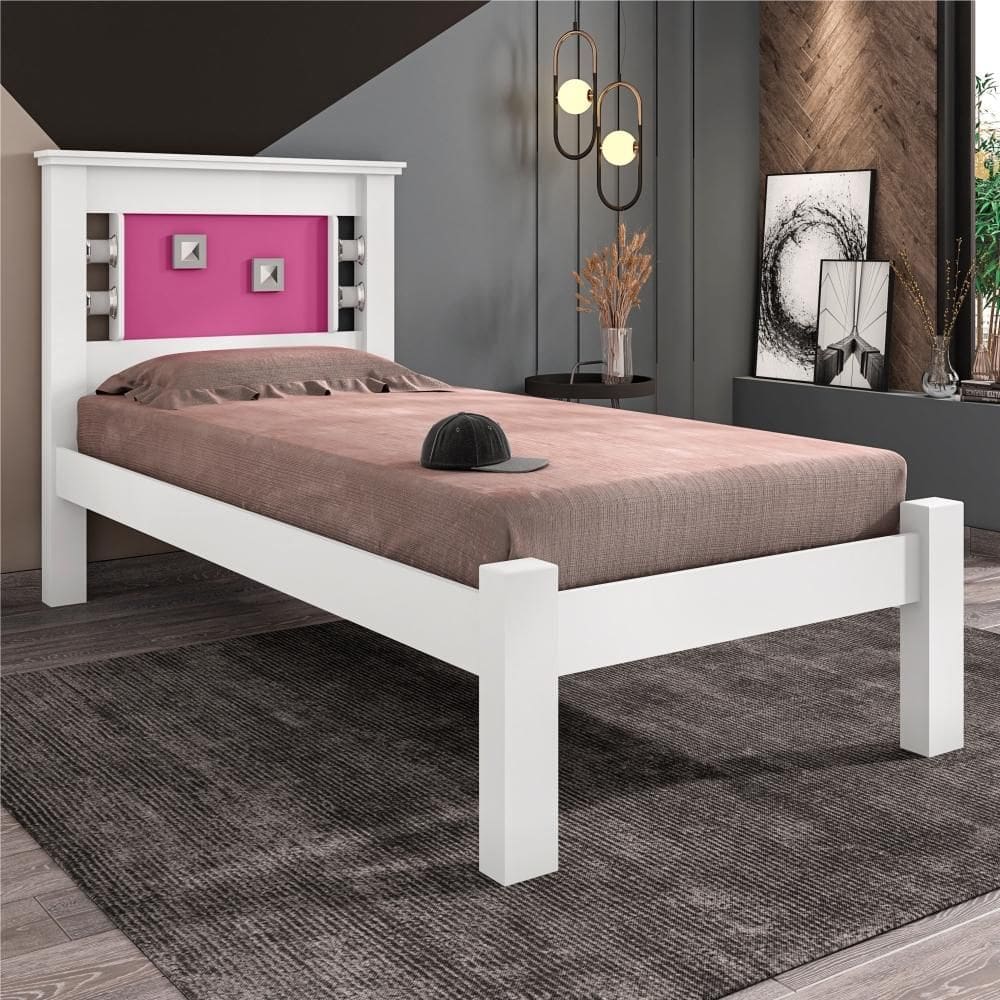 Cama Solteiro com Cabeceira Buran Branco e Rosa