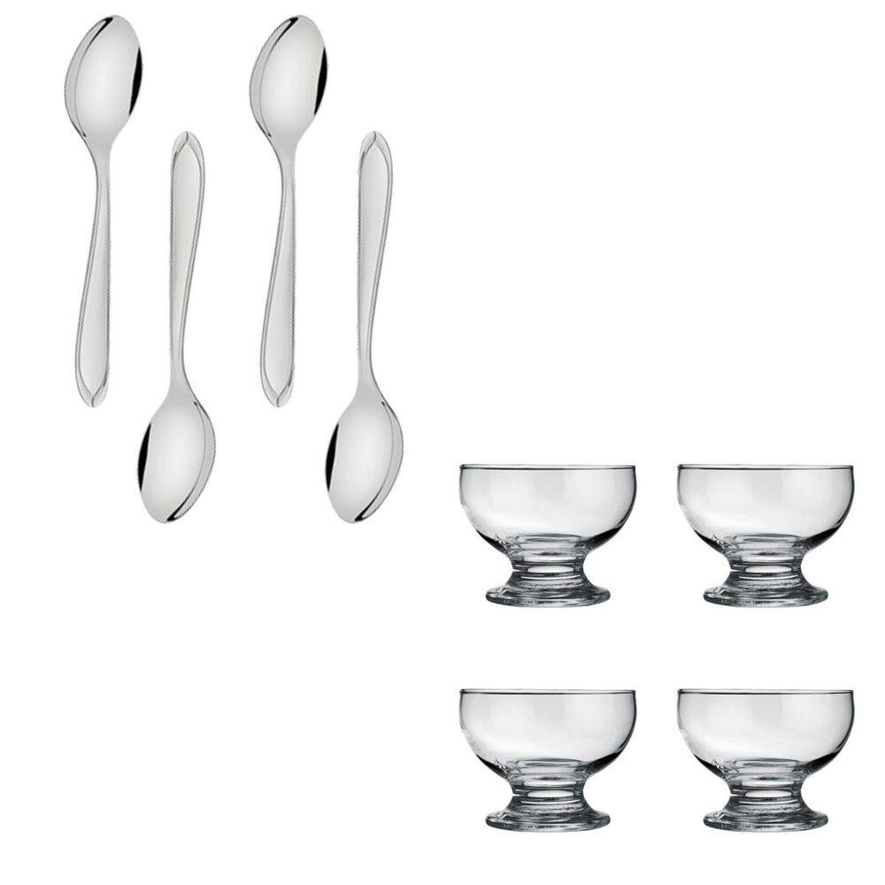 Jogo de Sobremesa Sorvetes Pudim Bolo 4 Taças Vidro 220ml 4 Colheres Inox