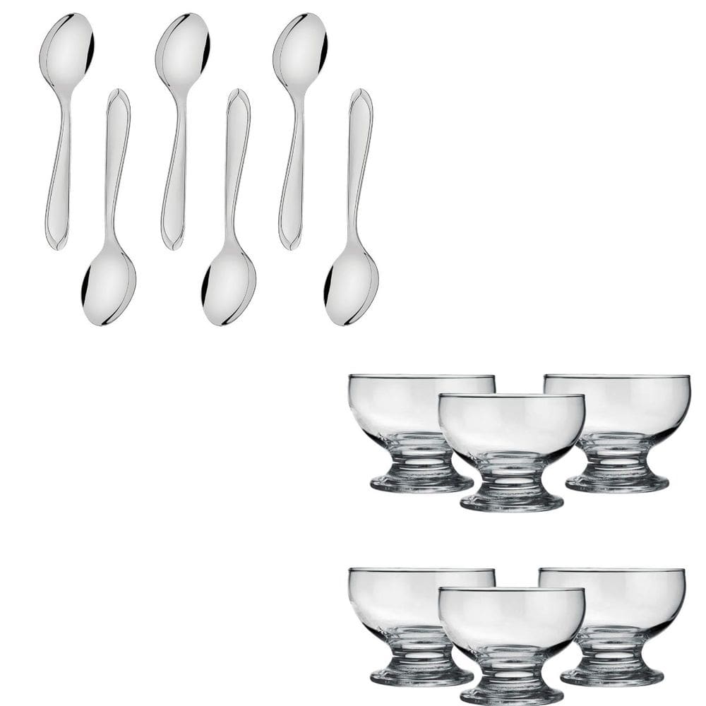 Kit Sobremesa com 6 Taças de Vidro 220ml 6 Colheres Inox