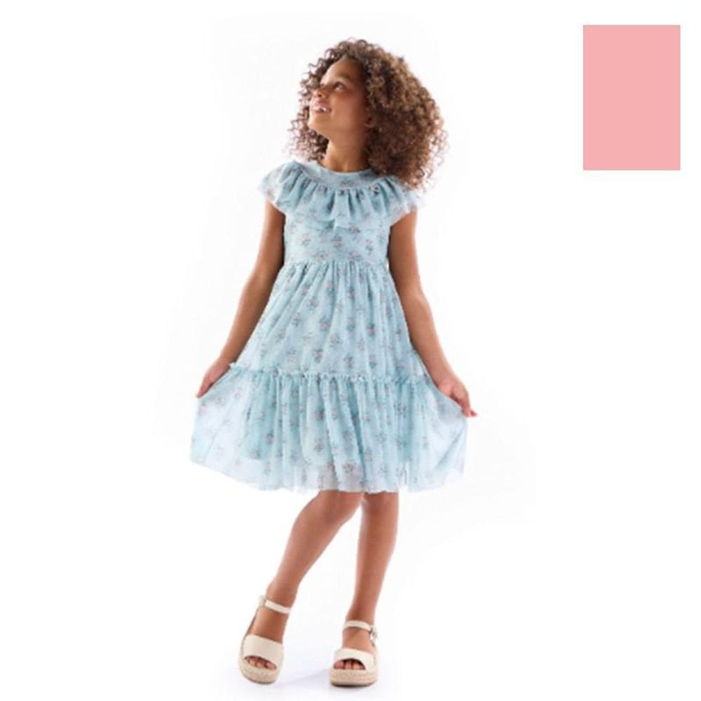 Vestido estampado tule com babado Kiki Xodó