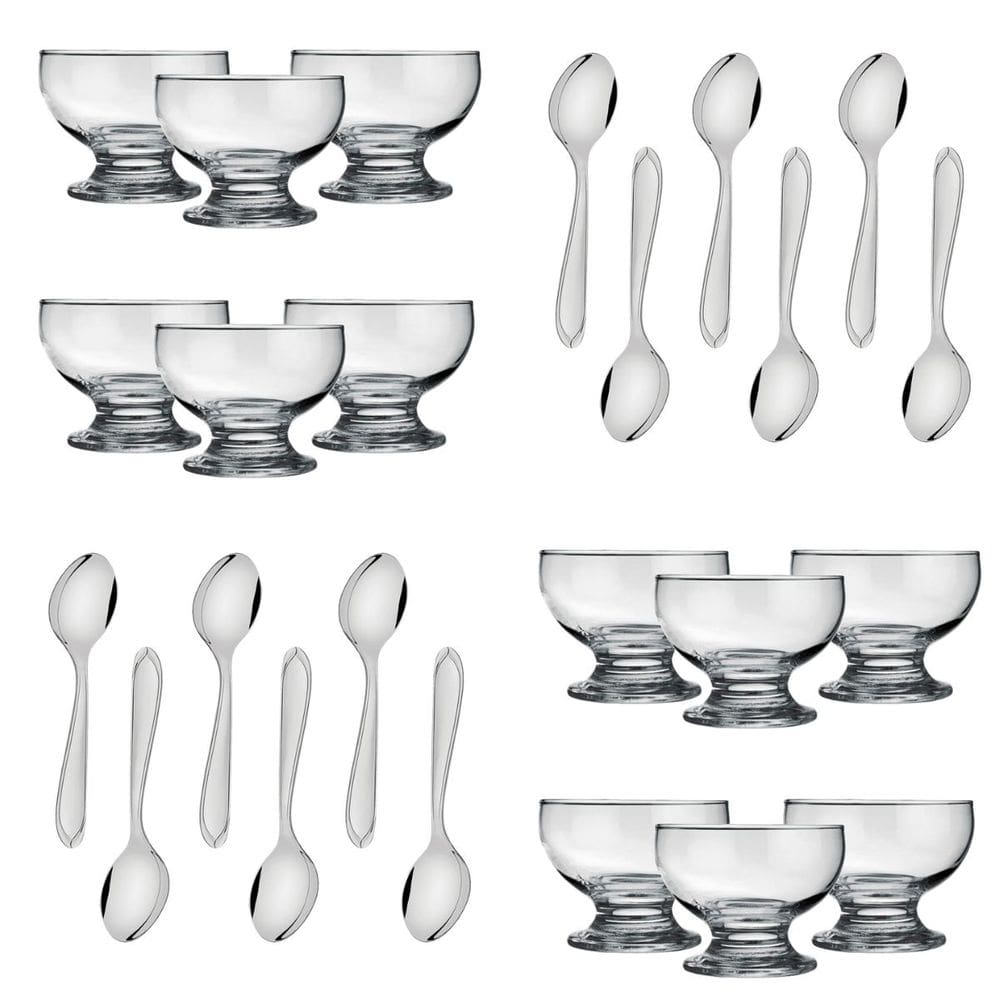 Kit Sobremesa com 12 Taças de Vidro 220ml 12 Colheres Inox