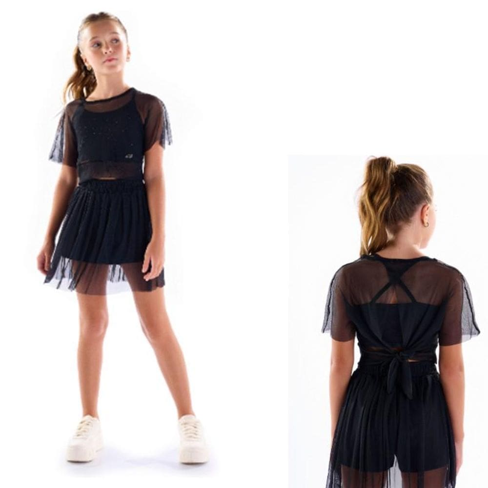 Conjunto 3 peças top com brilho, blusa e shorts saia tule Menina Anjo