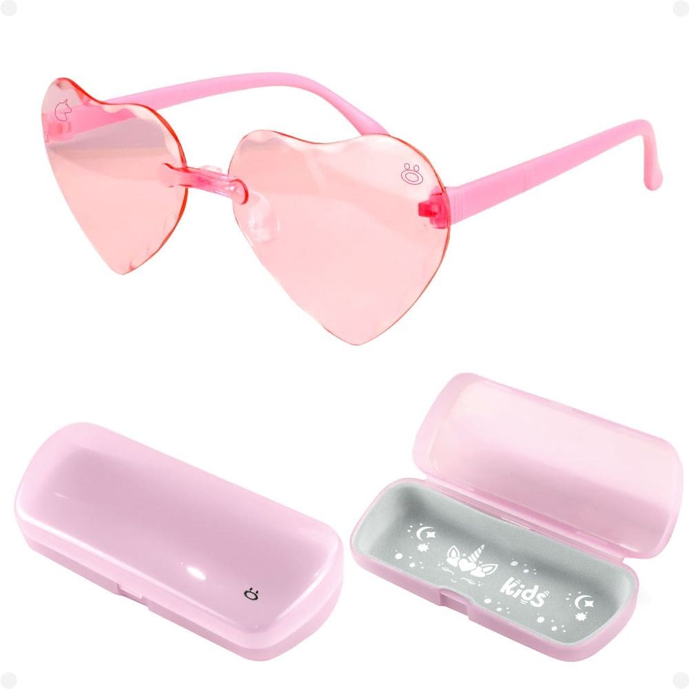 Óculos Sol Infantil Rosa Coração Acetato + Case Premium Orizom Kids