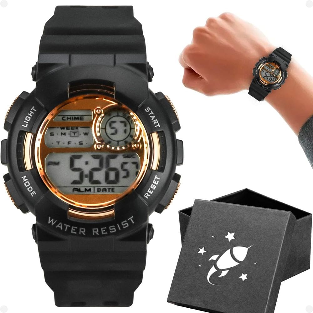 Relógio Digital Masculino Infantil Pulseira Silicone Ajustável + Caixa Tema Foguete - Orizom Kids