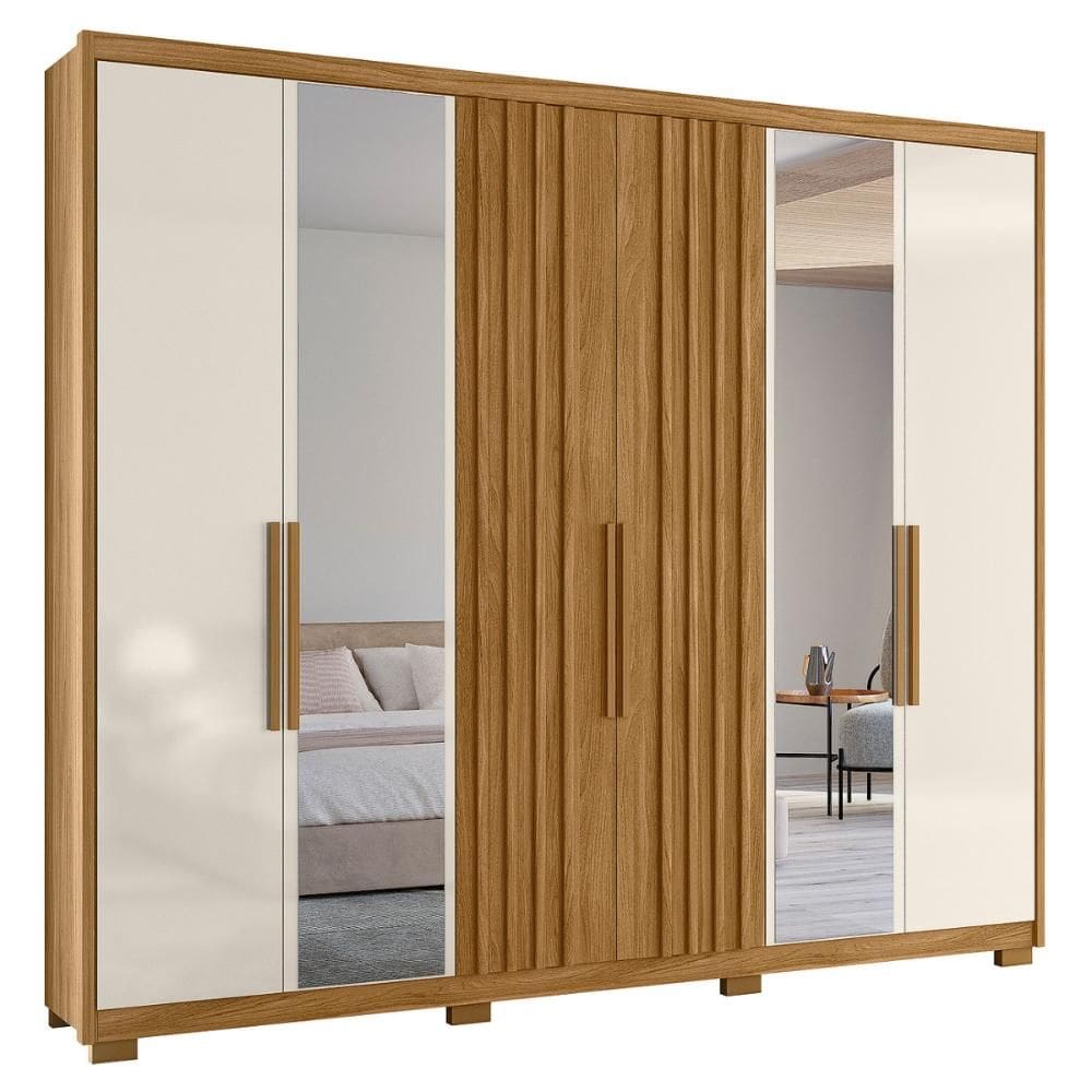 Roupeiro Ripado com Espelho Meca Marrom Off White