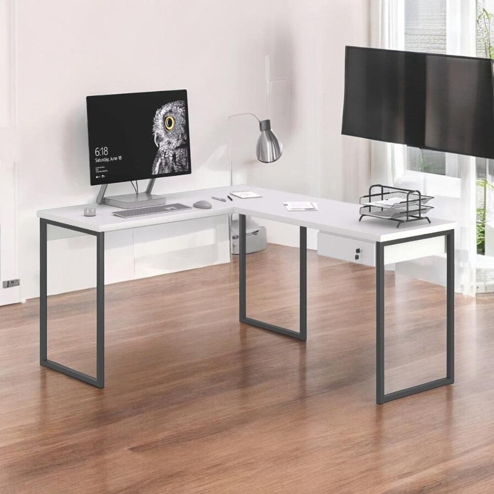 Mesa Home Office Escrivaninha L Shine Branco com Gaveteiro