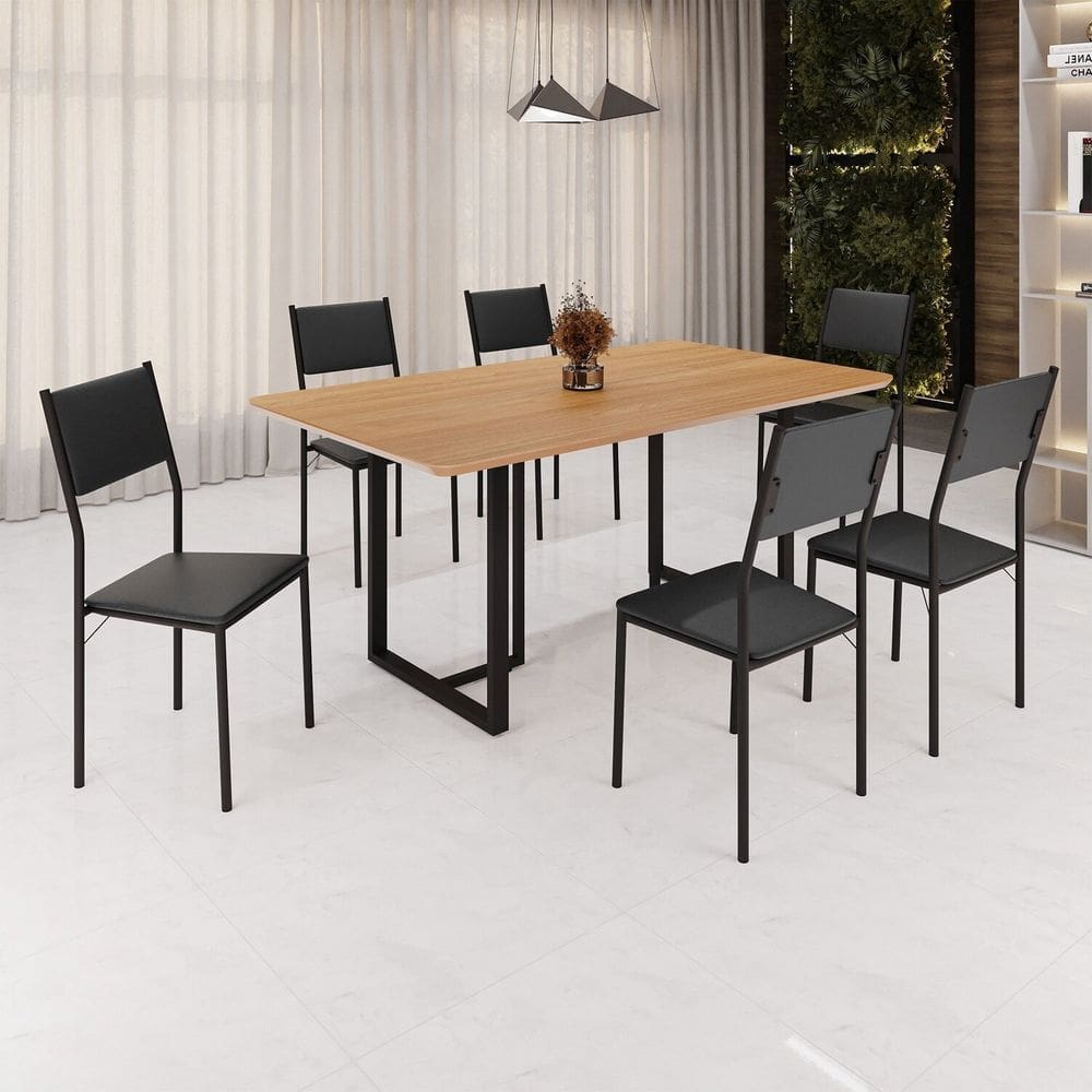 Conjunto Sala de Jantar Mesa 160x90cm Base Lunna Tampo Mdf Florença Preto