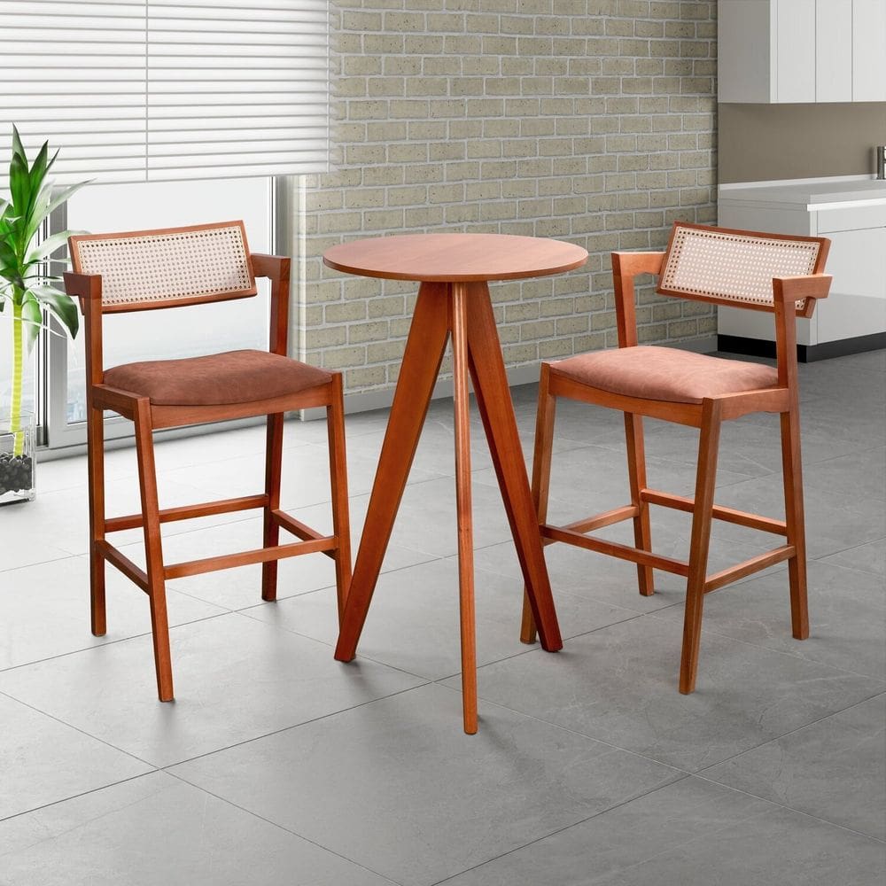 Conjunto de Mesa Bistrô Nápoles com 2 Banquetas em Madeira Maciça, Estofada e Rattan de Fibra 100% N Champagnhe/Marrom