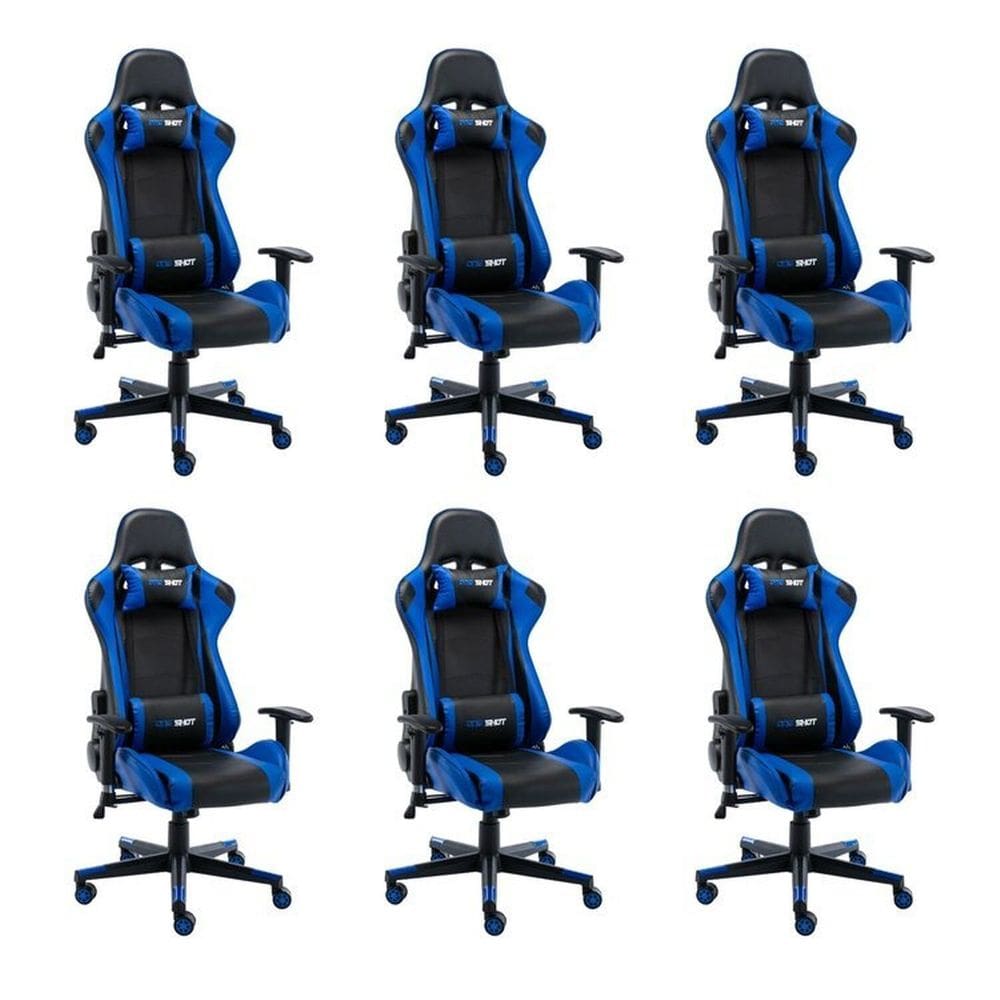Kit 6 Cadeiras Gamer Giratória em Couro One Shot Preto/Azul