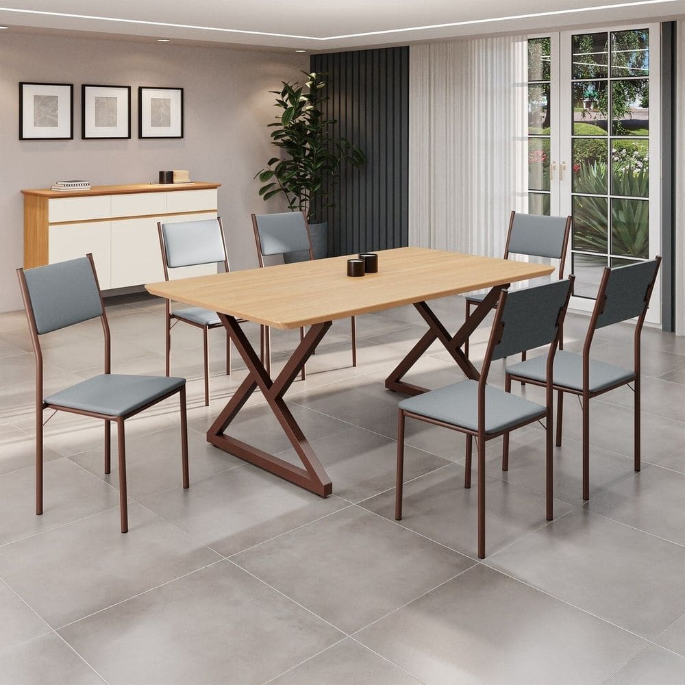 Conjunto Sala de Jantar Mesa 160x90cm Base Império Tampo Mdf Florença Grafite/Marrom