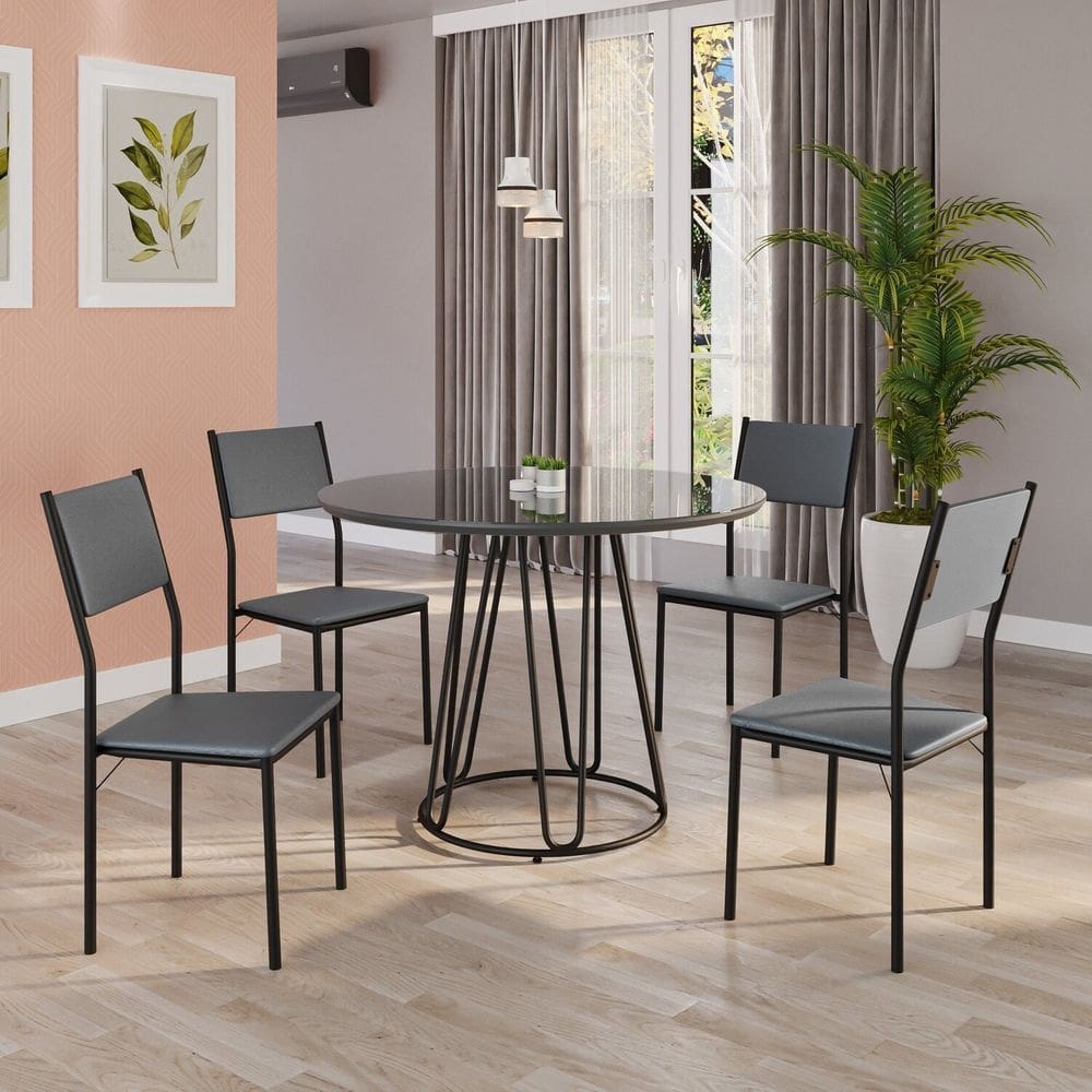 Conjunto Sala de Jantar Mesa Redonda 100cm Base Omega Tampo Mdf Laca com Vidro Florença Grafite / Preto