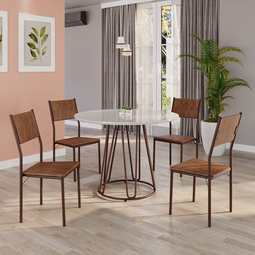 Conjunto Sala de Jantar Mesa Redonda 100cm Base Omega Tampo Mdf Laca com Vidro Florença Marrom