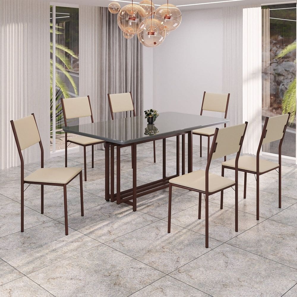 Conjunto Sala de Jantar Mesa 160x90cm Base Pérola Tampo Mdf Laca com Vidro Florença Creme / Marrom