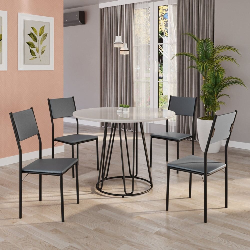Conjunto Sala de Jantar Mesa Redonda 100cm Base Omega Tampo Mdf Laca com Vidro Florença Grafite / Preto
