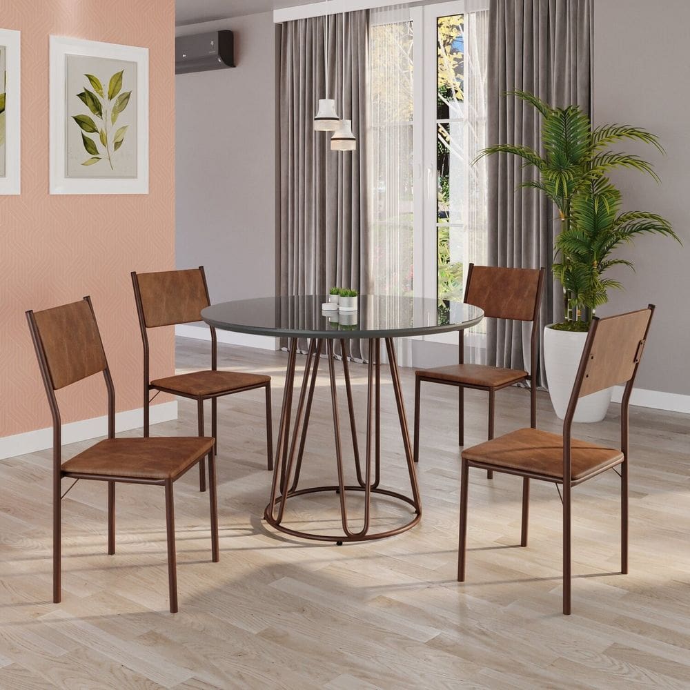Conjunto Sala de Jantar Mesa Redonda 100cm Base Omega Tampo Mdf Laca com Vidro Florença Marrom