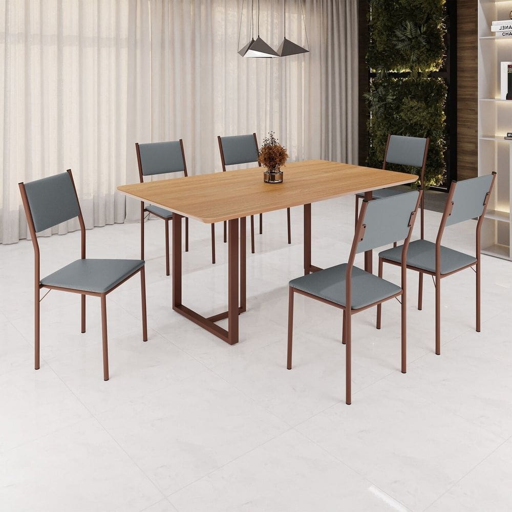 Conjunto Sala de Jantar Mesa 160x90cm Base Lunna Tampo Mdf Florença Grafite/Marrom