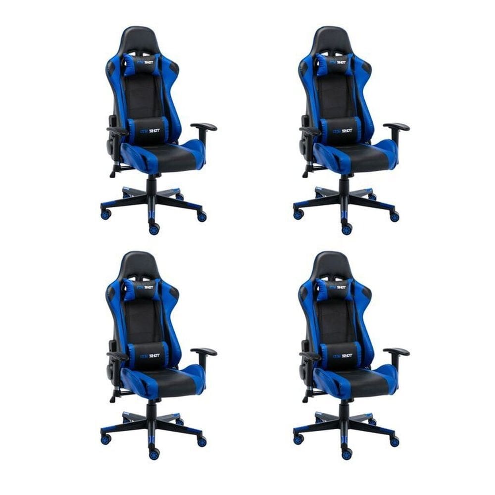 Kit 4 Cadeiras Gamer Giratória em Couro One Shot Preto/Azul