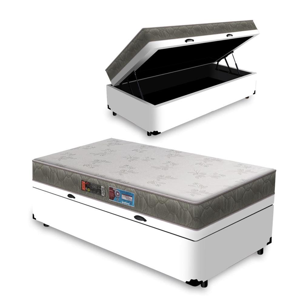 Cama Box Baú Solteiro Branco + Colchão de Espuma D33 - Castor - Sleep Max 78x188x55cm