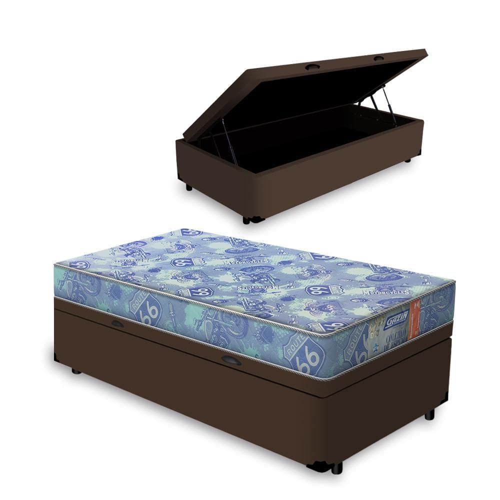 Cama Box com Baú Solteiro Marrom + Colchão de Espuma D20 - Gazin - Supreme 78x188x47cm