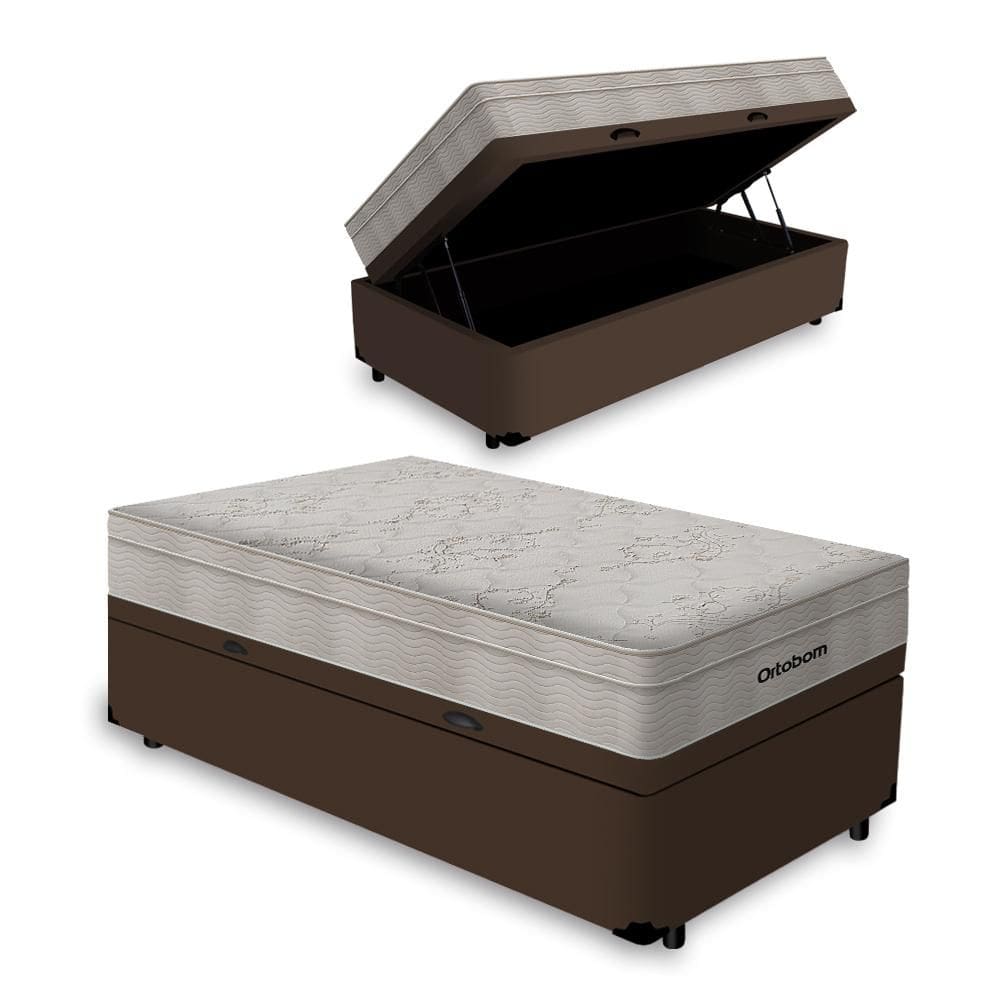 Cama Box Baú Solteiro Marrom + Colchão De Molas Ensacadas - Ortobom - AirTech SpringPocket 88x188x67cm