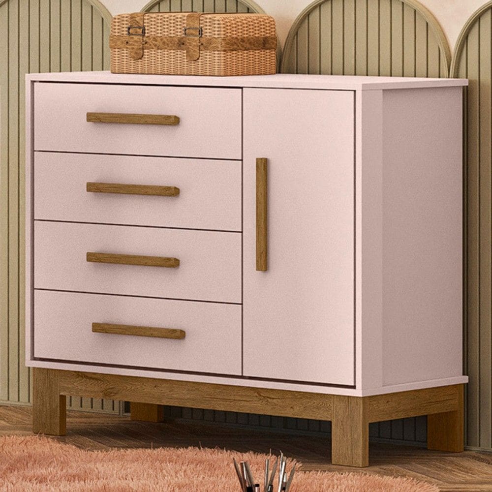 Cômoda Infantil Encanto 1 Porta 4 Gavetas Rosa