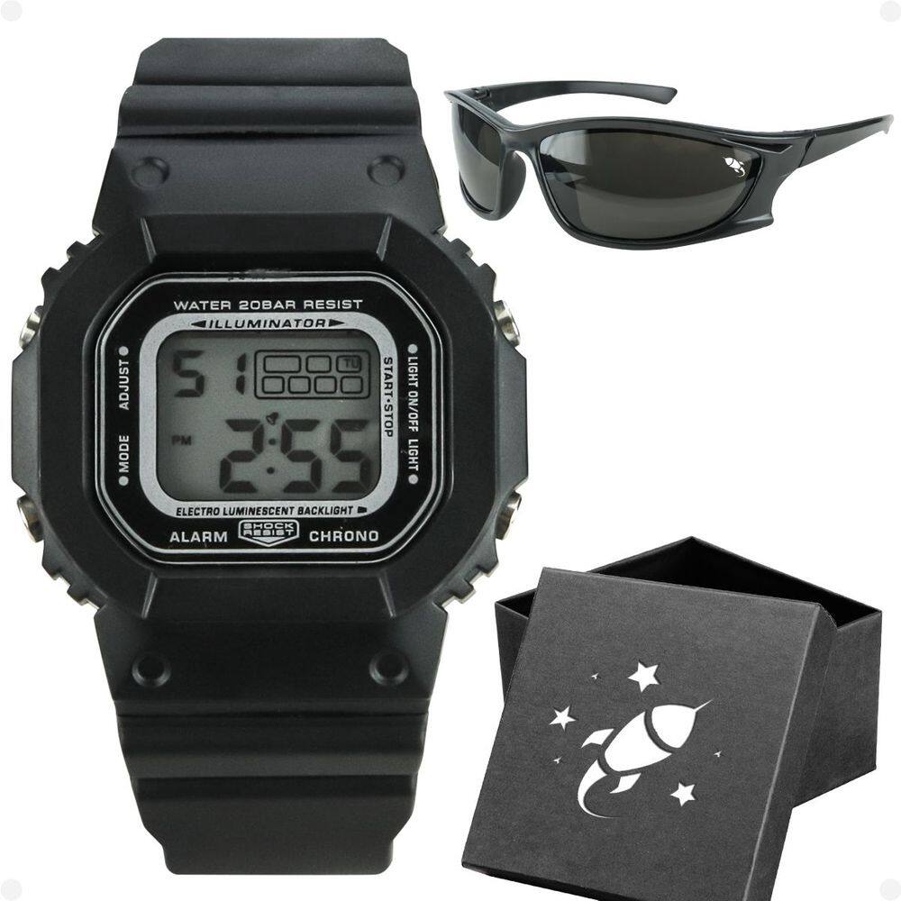 Relógio Infantil Digital Preto Led + Óculos Proteção UV + Caixa - Orizom Kids