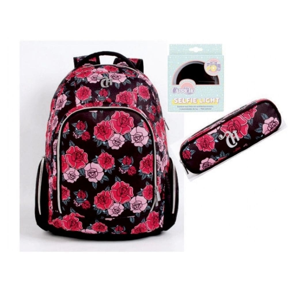 Kit Mochila + Estojo Duplo Capricho Girl Gang Flores Preta REF: 11322 E 11326 DMW