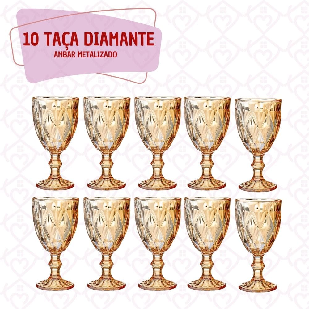 10 Taças Diamante Ambar Vidro 330ml Bico de Jaca Vinho Kit