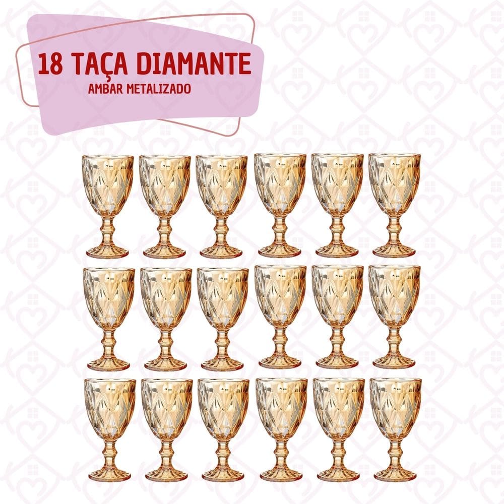 18 Taças Diamante Ambar Vidro 330ml Bico de Jaca Vinho Kit